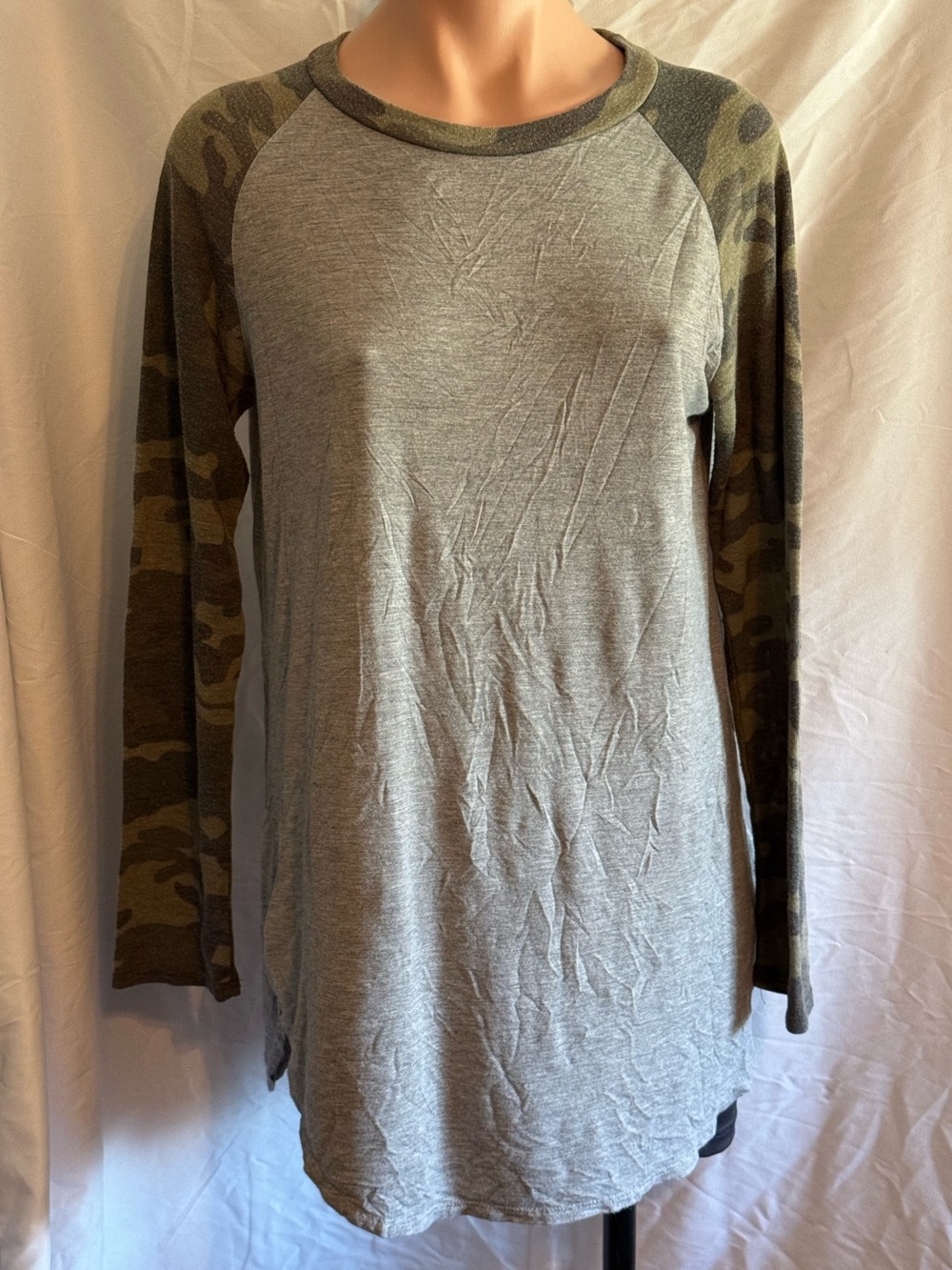 Fun Grey Tunic Length Top with Camo Raglan Sleeves